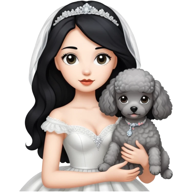 A beautiful girl with long black hair in a wedding dress holds a small gray poodle emoji