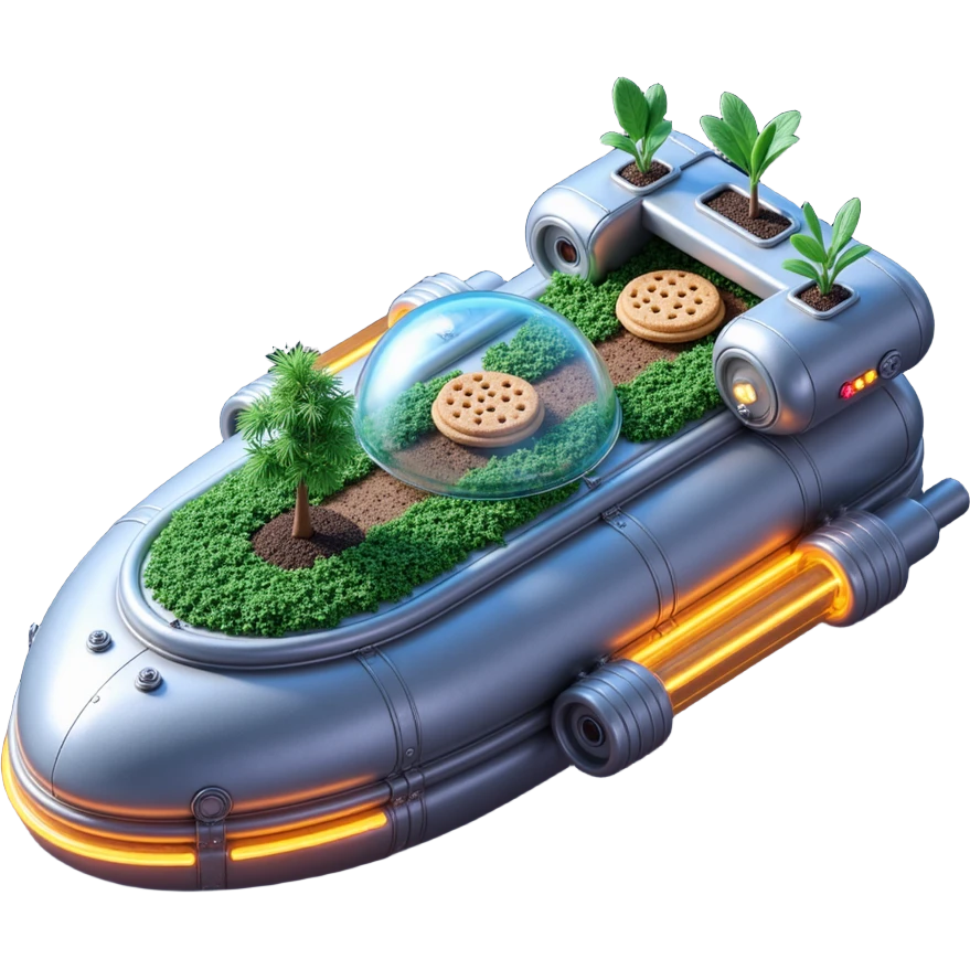 Exterior view of a futuristic spaceship farm floating in space, metallic hull with glowing pipes, transparent domes growing cookie plants, stars and planets in the background, emoji-style emoji