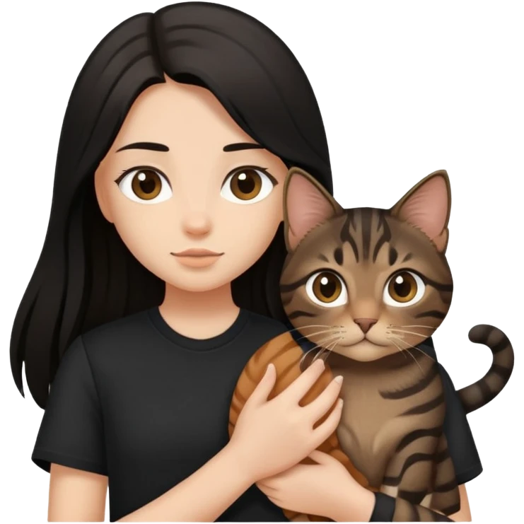 a  girl with black long hair with a brown tabby with black shirt emoji