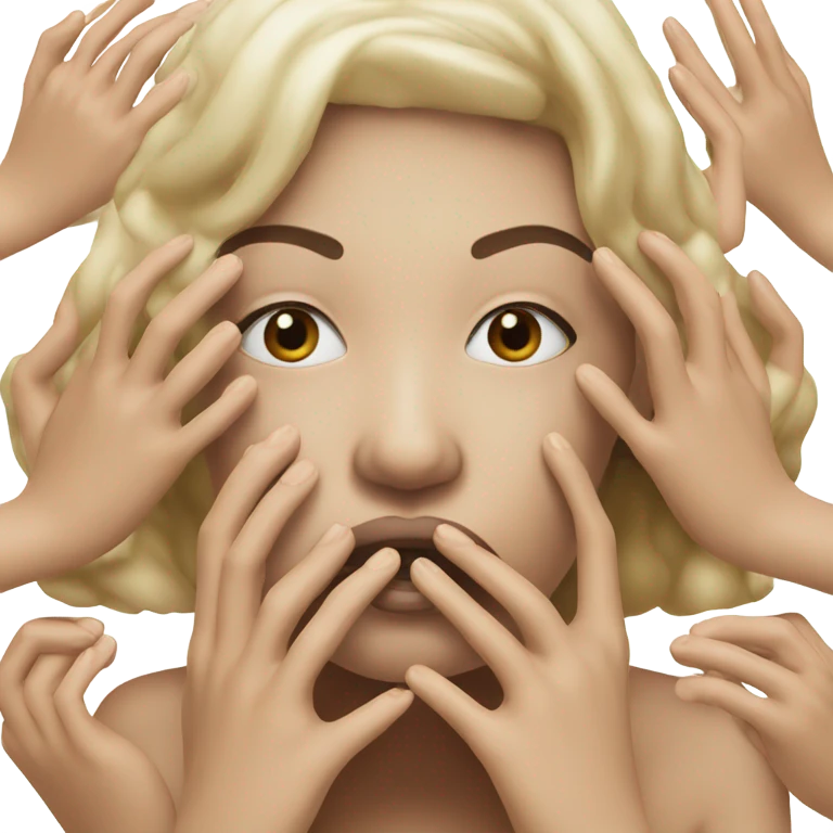 Hyper realistic model with hands covering mouth emoji