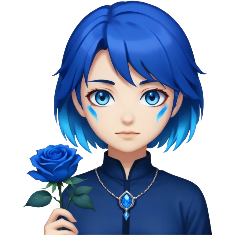 anime girl emoji with dark blue hair, blue rose, intense blue glowing eyes, Solo Leveling style, blue magical aura, high contrast, 2D emoji