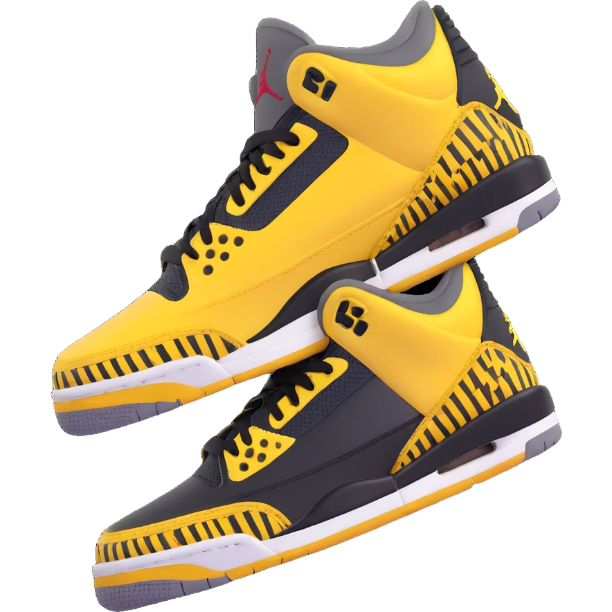Air Jordan 3 sneaker in 3D emoji style with all green parts replaced by black, yellow cartoon arms and legs, playful pose, matching the style of the previous green emoji character emoji