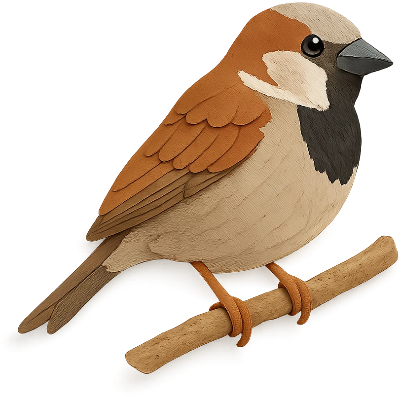 close-up of a house sparrow perched on a tree branch, fine paper edges, subtle feather patterns, black bib emoji