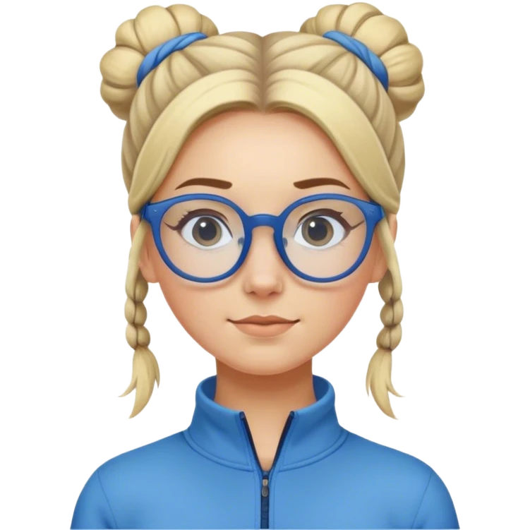 Blonde girl with big blue glasses hair tied in bun wearing gray half zip emoji