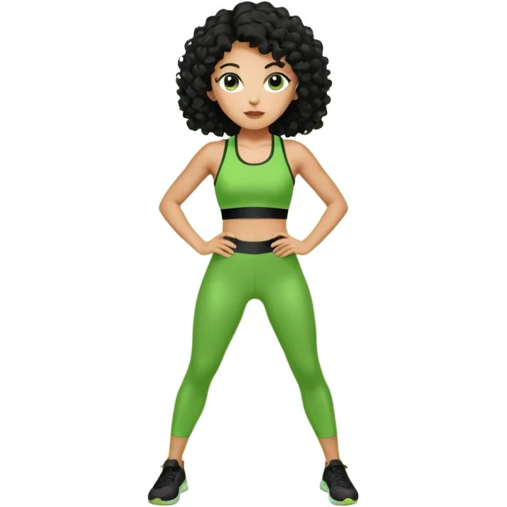 woman with olive skin and curly black hair wearing a green workout outfit and standing in a disco pose emoji
