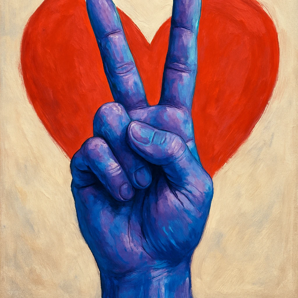 realistic hand making a peace sign, mostly purple and blue, with a red heart in the background, gpt-image style emoji