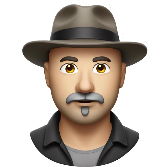 Photorealistic, realistic serious A plump bald man of Slavic appearance with a goatee beard and mustache, wearing a fedora hat emoji
