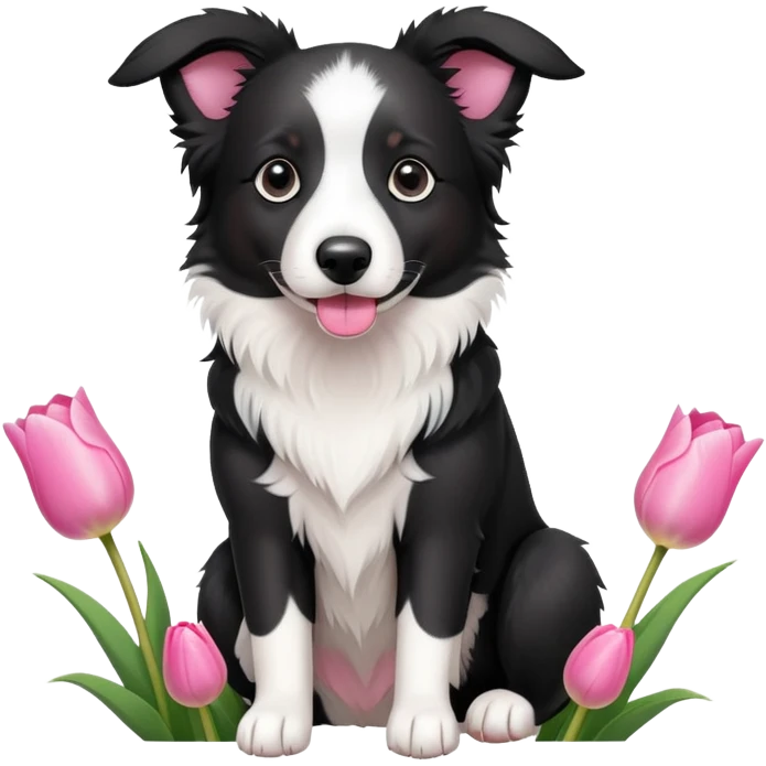 A cute  little  Black and white Border Collie and Pink tulip emoji