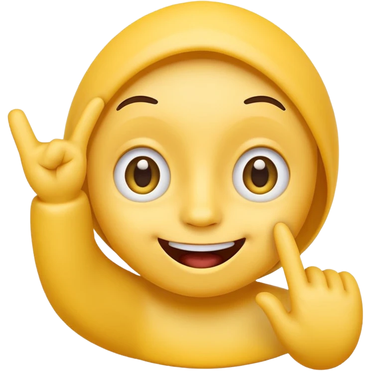 cute, playful emoji character inspired by the 🙃 upside-down face style. Rounded yellow face, big expressive eyes, cheerful smile with mouth slightly open. One hand raised with a finger gently touching the inside of the mouth in a thinking / cheeky gesture (not sexual). emoji