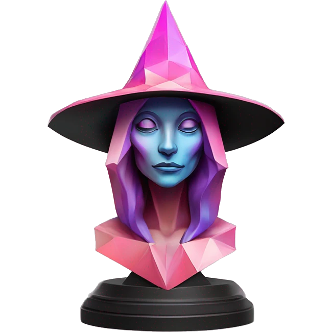 standalone sculpture Mage Witch Hat is geometric, faceted design. The sculpture is standing upright on a base with angular and Alphonse Mucha style. The vibrant midtone tints of pastels and pink highlights the sharp edges and planes.  emoji