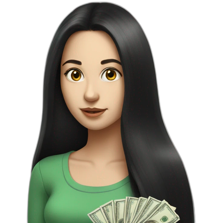 hyperrealist caucasian girl black long hair holding money emoji