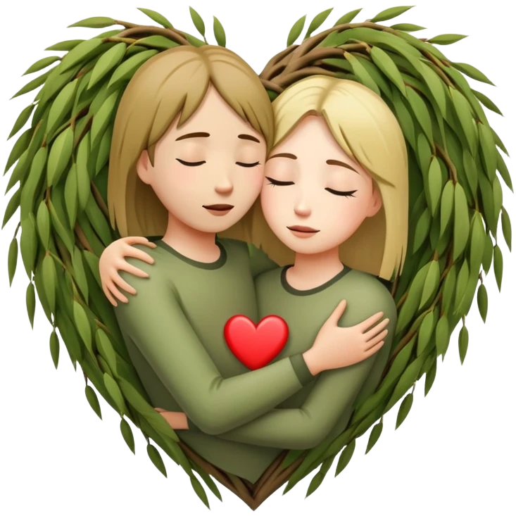 heart-shaped weeping willow tree surrounding two friends hugging in a comforting way, supportive embrace, with small heart symbol emoji