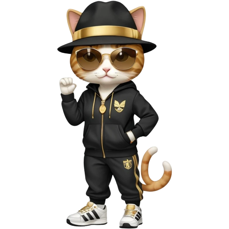 female cat dressed like Run DMC, tracksuit, fedora, gold chains, Adidas shoes, dark sunglasses, upright pose emoji