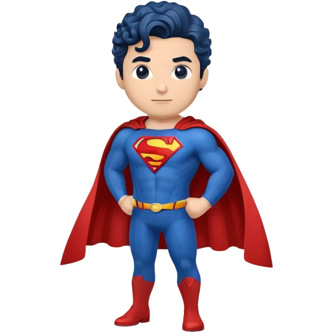 Highly detailed, hyper-realistic emoji of Superman. He wears his classic blue suit with a red cape and ‘S’ emblem on his chest. His expression is confident, and his hair features the signature curl. Minimalist background for focus. emoji