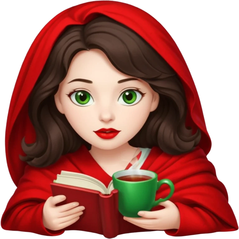 Long wavy dark brown haired, white skinned, dark big green eyed girl with red lipstick wrapped in a red blanket, sipping tea and reading a book emoji