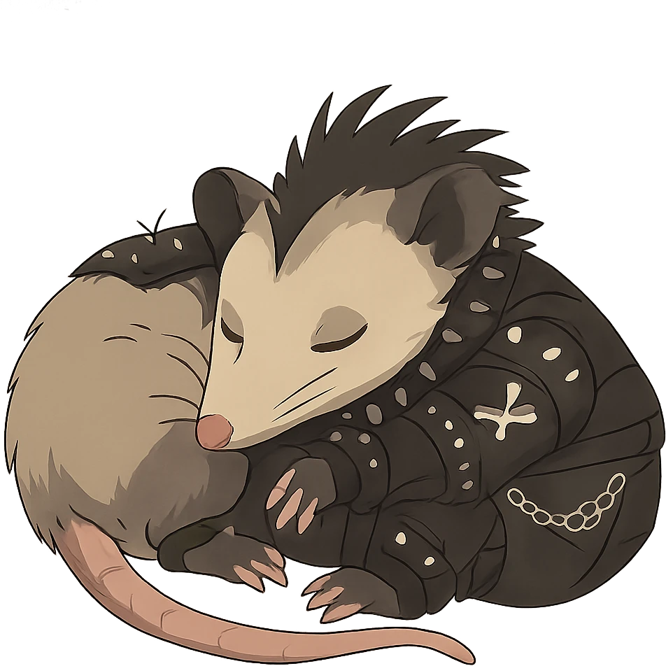 punk goth cyberpunk, a little baby possum taking a nap emoji