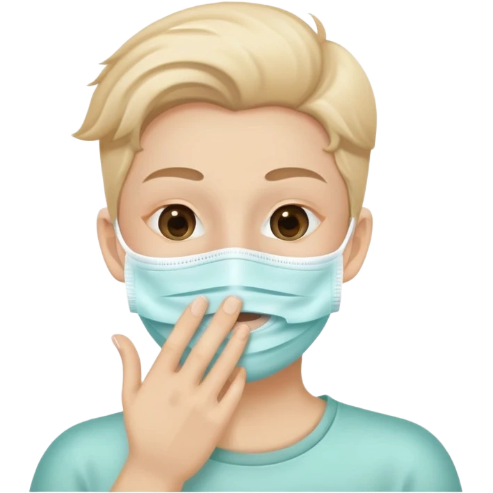 person with a mask, hand near mouth, showing good hygiene, cheerful emoji