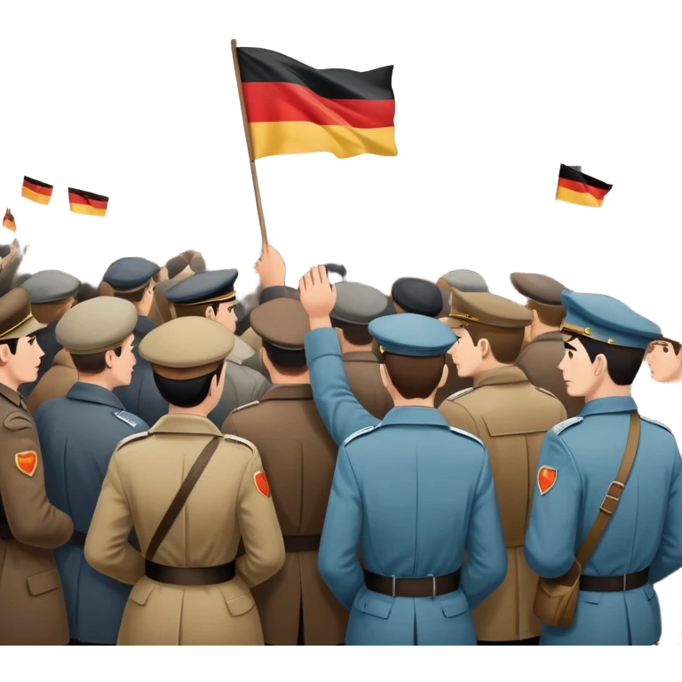 East German protest scene with people holding protest signs, DDR flag, Berlin Wall, subdued mood, 1950s emoji