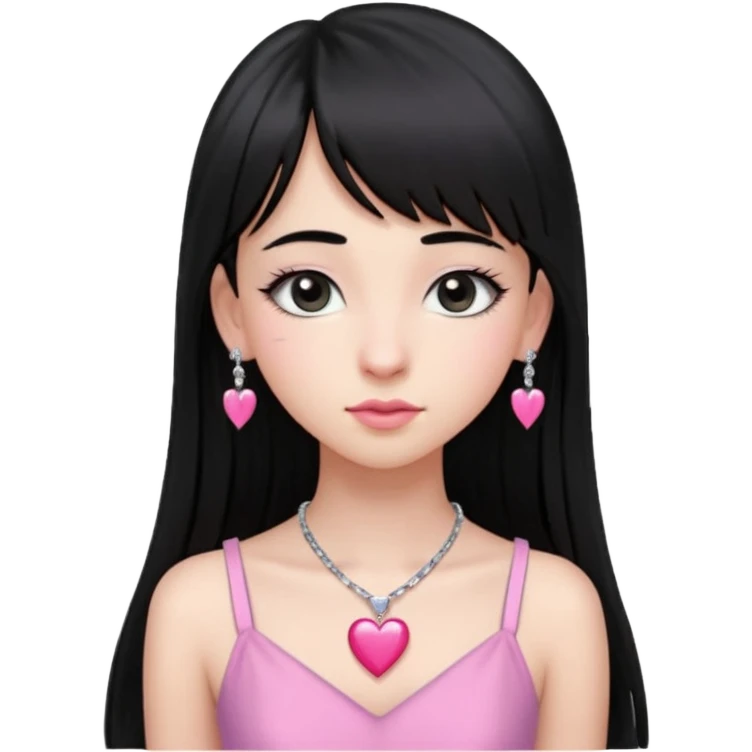 Cabelos pretos longos lisos ,com franja curvada .olhos pretos puxadinho para cima. Cílios longos curvados. Pele clara ,nariz pequeno ,lábios carnudos ,adolescente 16 anos ,vestido rosa de alça, colar de coração prata ,brinco de diamante emoji