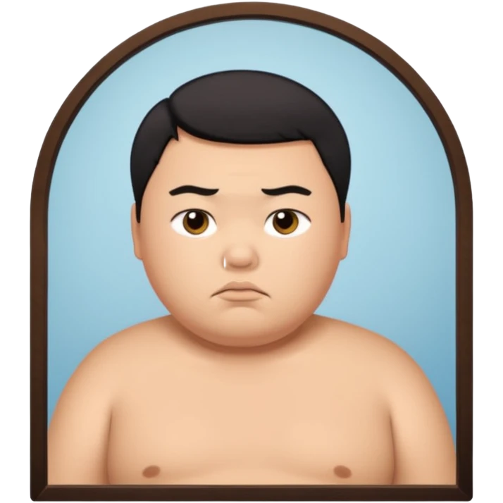 A young Asian guy has let his body go and is looking sadly in the mirror. emoji