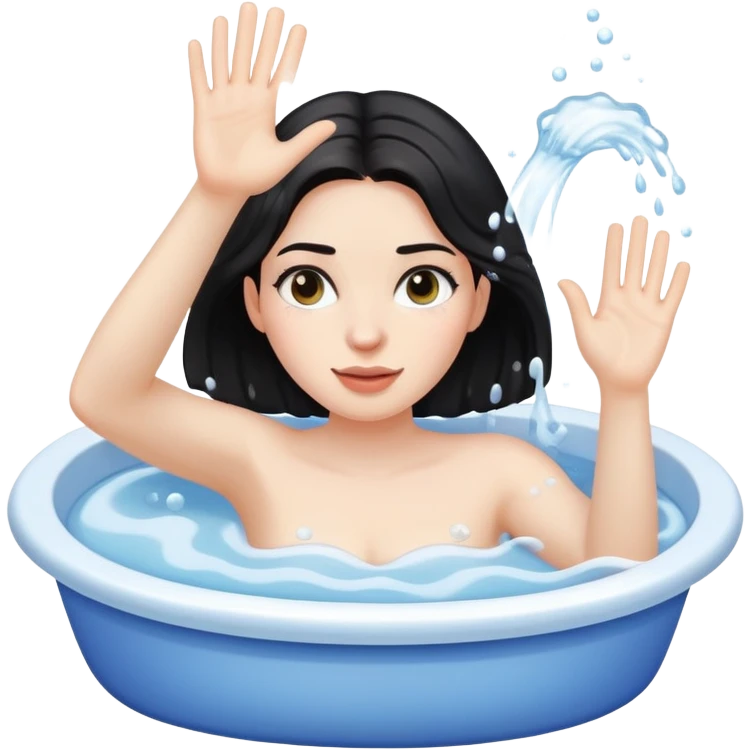 Dark-haired woman in bubbling water with one hand raised high and other hand on tub rim emoji