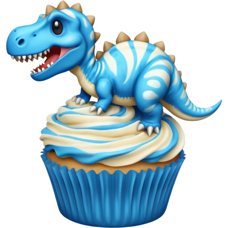 A cupcake having blue and black icing and a dinosaur as a decoration and ice cream next to it emoji
