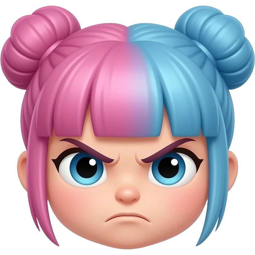 Can you make a chibi girl that has pink and blue hair and the hair is in buns and has a angry face emoji