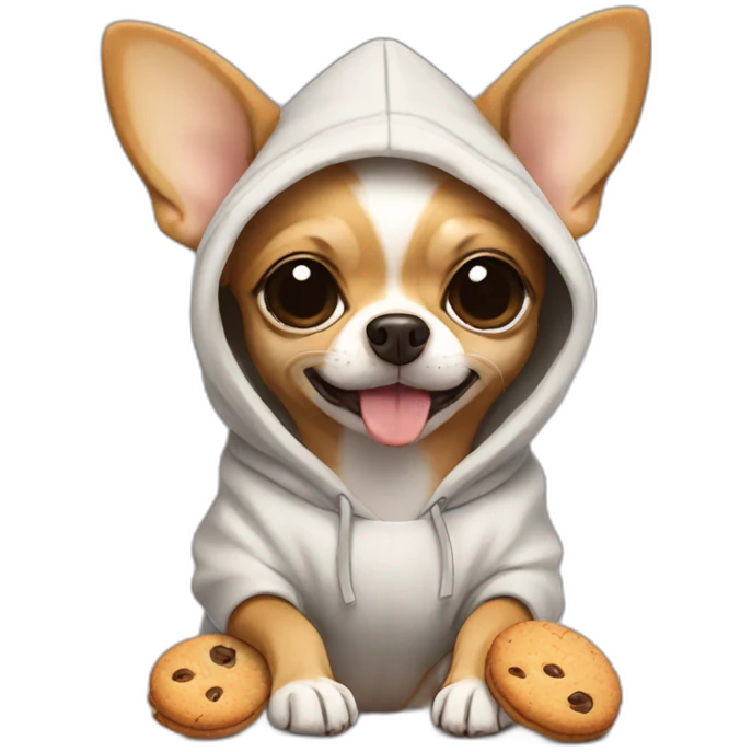 Chihuahua wearing a hoodie and eating a cookie emoji