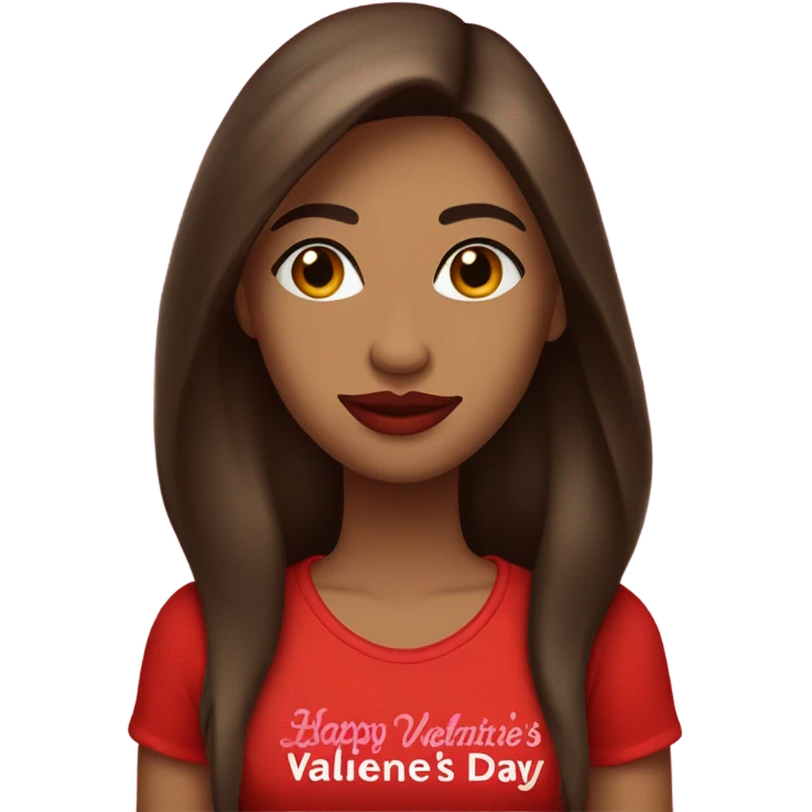 light brown lady, dark brown long straight hair, red lips, eyelashes, wearing red “happy Valentine’s Day” t shirt emoji