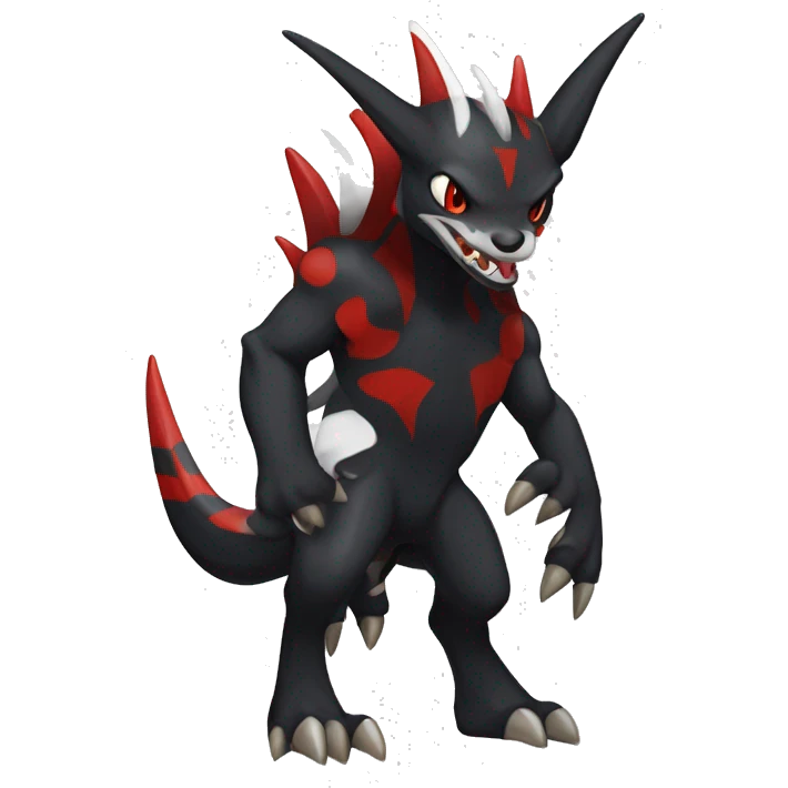 Black Cool Edgy Nargacuga-Houndoom-Garchomp Fakémon with Red and white Edgy markings, full body emoji