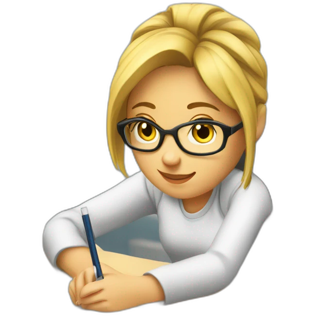 White Smart girl doing Homework on a desk writing on a pice of paper emoji