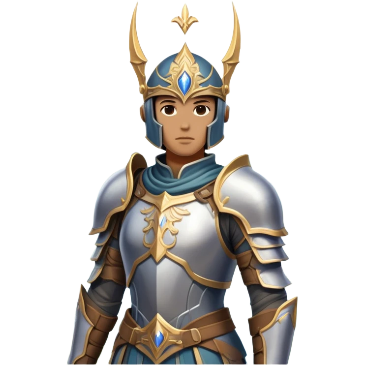 An icon featuring a hero with a closed visor, standing in a majestic, mystical landscape, inspired by RPGs like Elden Ring. The design includes a stunning, ethereal background with towering castles and distant mountains, symbolizing the adventure and mystery. Transparent background emoji