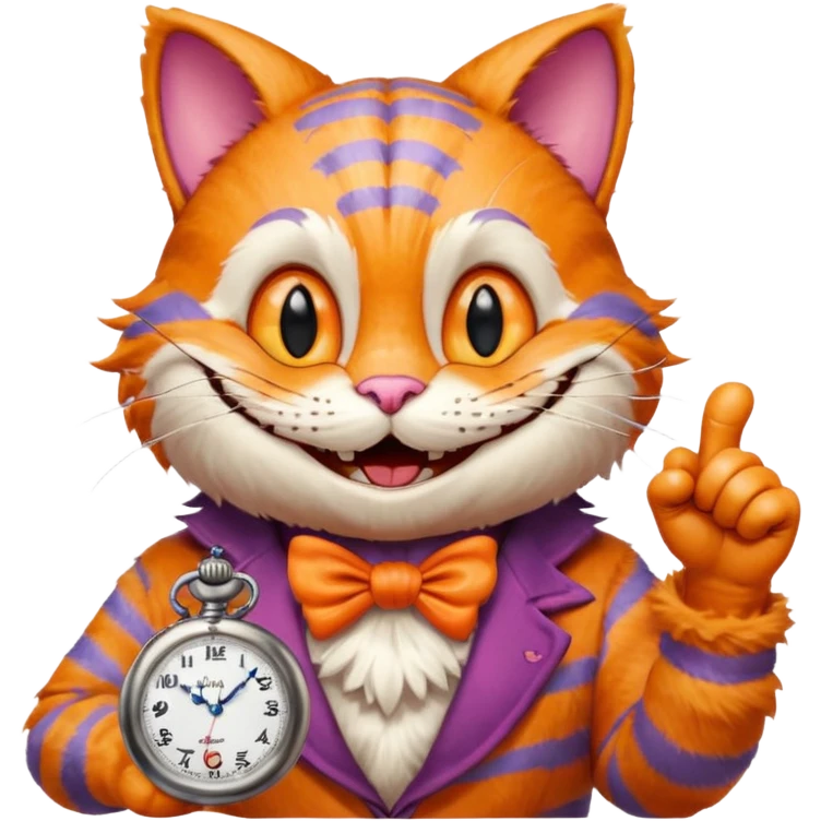 Cheesier cat from Alice in wonderland pointing at a pocket watch wearing a hat emoji