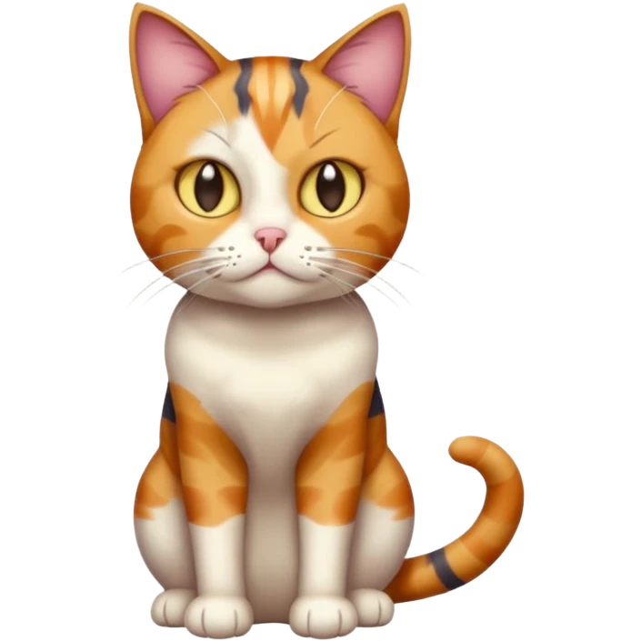 full body colourful calico tabby cat with disproportioned head with an anxious face emoji