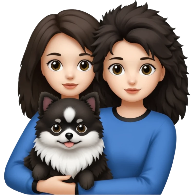 A brunette hair girl holding a black and white 1 Pomeranian dog who has black face but in the middle it’s white line emoji