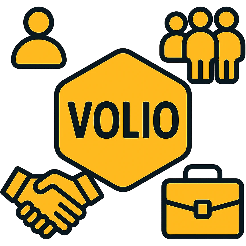 futuristic tech-style minimal logo, Volio logo in center, orange-yellow color scheme, HR icons person, group, handshake, briefcase arranged cleanly, high contrast on white, abstract professional emoji