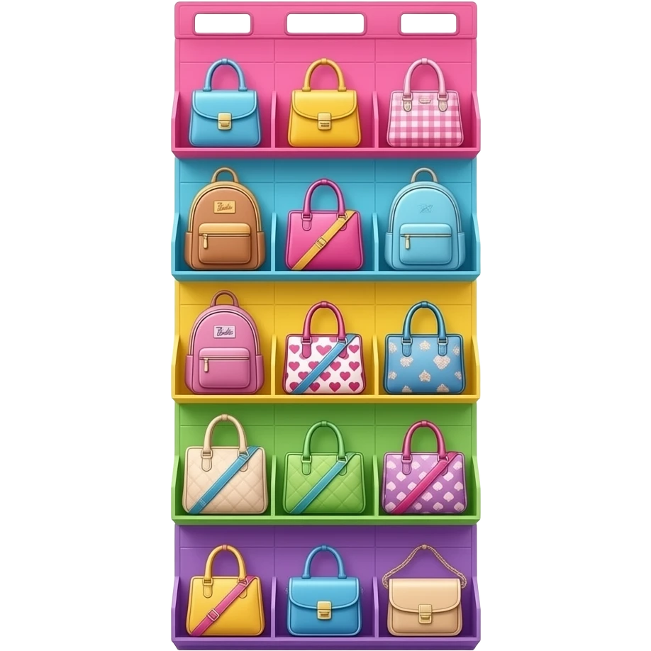 pink, blue, yellow, green, purplea vertical hanging bag organizer, multiple tiers hanging downward, each level holding different bags such as handbags, backpacks, tote bags, and crossbody bags, neatly arranged from top to bottom, inspired by Barbie colour palette emoji