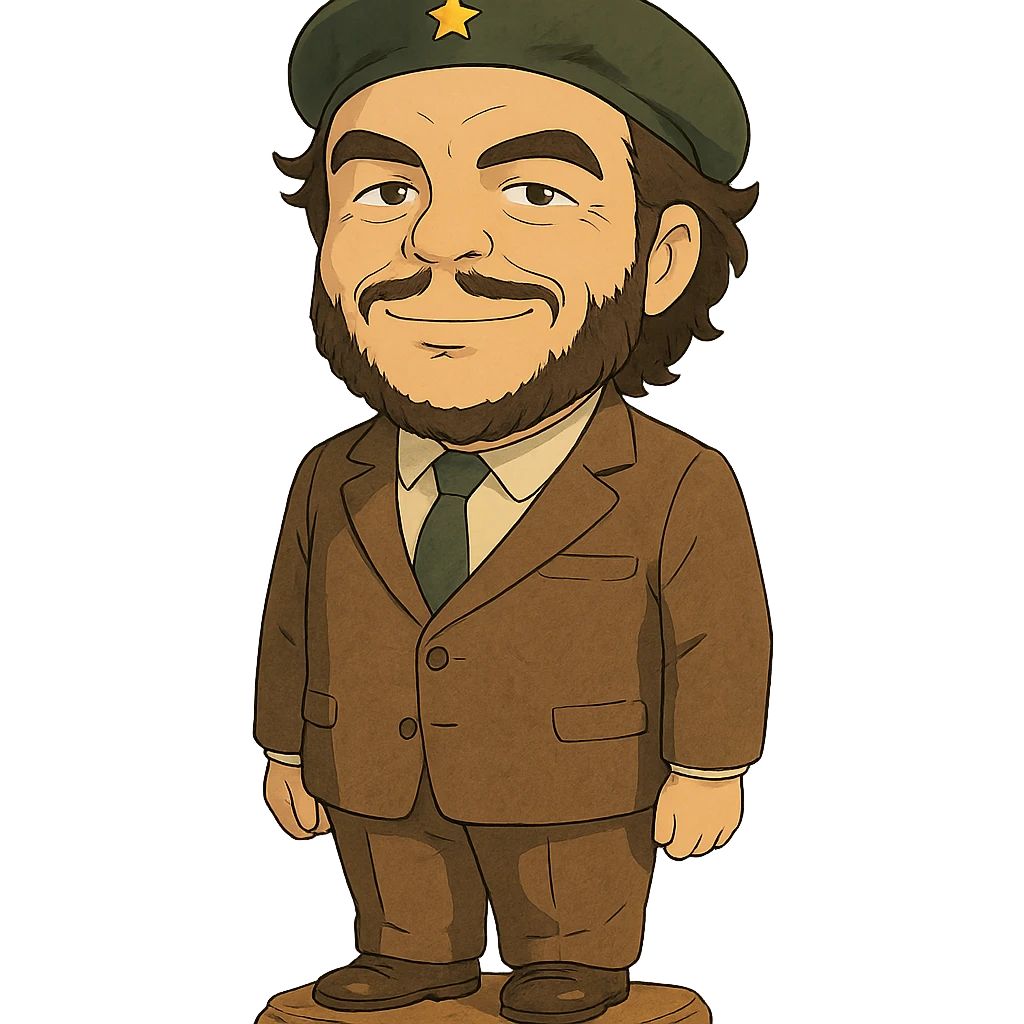 statuette of Che Guevara in a suit and tie, big head, confident smile, ghibli style emoji
