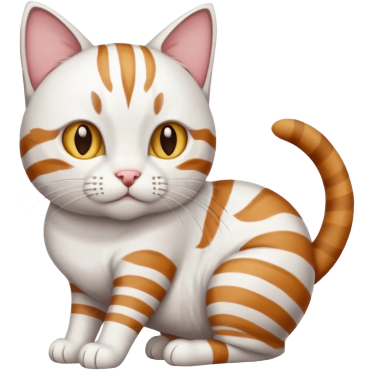 a white cat with brown tabby patches on the top of his head (ears) a patch on its side/arm and a striped tail the rest of the body is bright white emoji