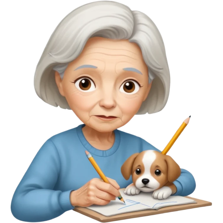 An elderly woman sketching her puppy face. emoji