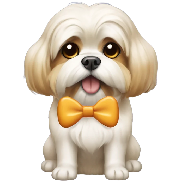 A lhasa apso dog wearing a bow and eating chicken leg piece  emoji