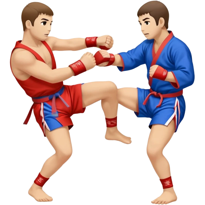 An icon symbolizing Sambo, featuring two fighters in blue and red kimonos with shorts and wrestling shoes. One executes a powerful throw, while the other attempts a defensive grab. The fighters are engaged in a grapple, using joint locks and sweeps.  emoji