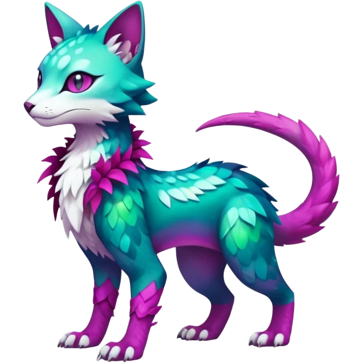 Kawaii cute colorful iridescent deep-dark-turquoise-green and magenta and white beautiful pretty elegant divine edgy feline-vernid-sergal-Fakémon-Pokémon-fursona-animal-creature with accessories, full body, with intricate detailed markings emoji