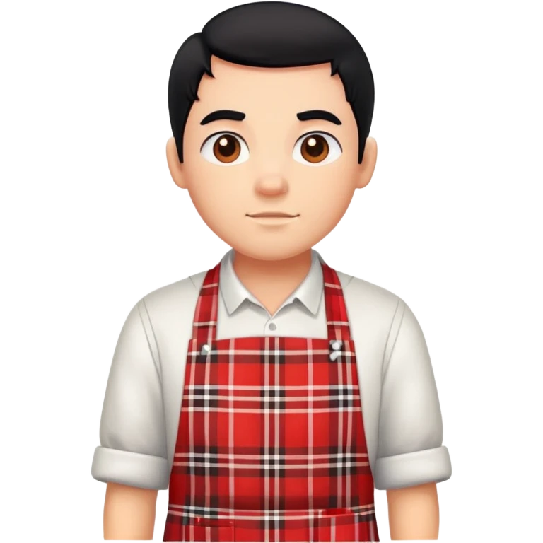 big boy with black hair all up, wearing a red and white plaid apron emoji