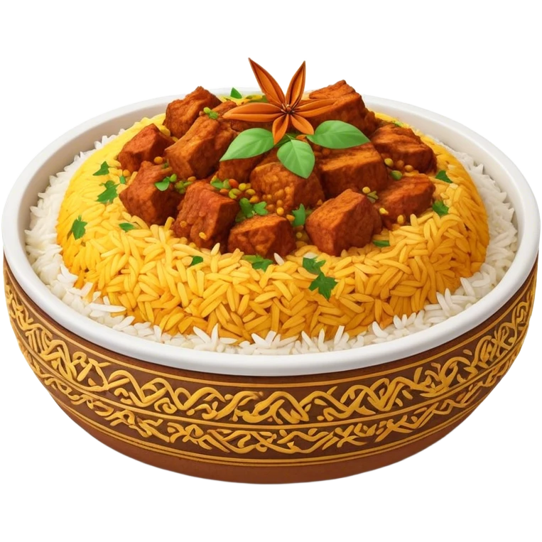 Cinematic Realistic Biryani Dish Emoji, depicted as aromatic basmati rice layered with spiced meat and herbs rendered with vibrant textures and warm, inviting lighting. emoji