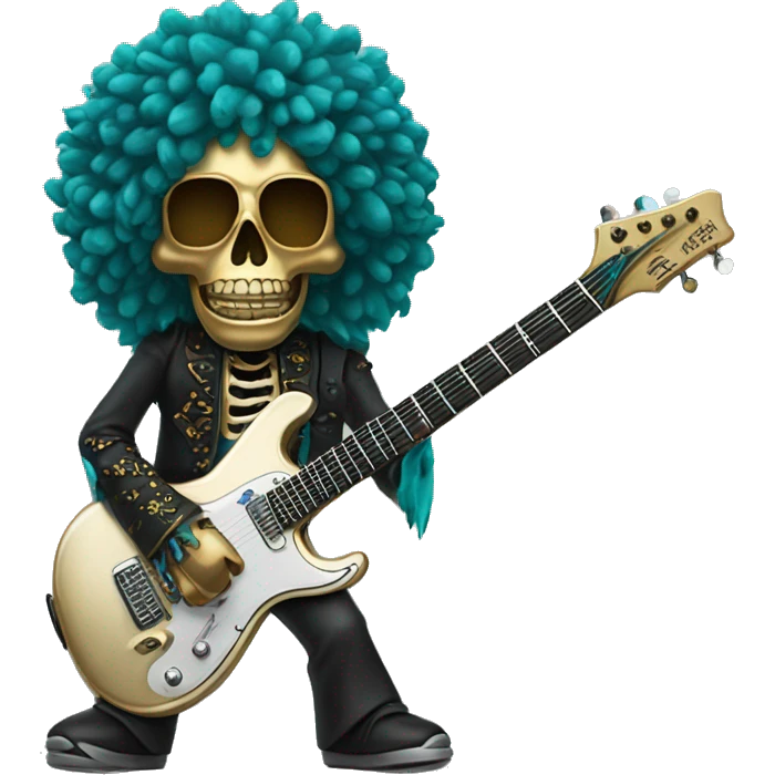 Soolking brook ;black affro cut ;turquoise electric guitar;golden crown ;skeletal face emoji