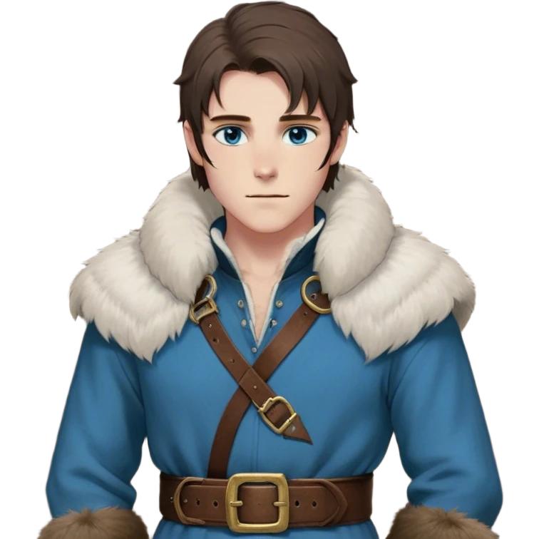 Medieval winter outfit worn by a DnD themed fantasy male character. Thick charcoal wool tunic with fur-lined collar and cuffs, layered over a thermal linen undershirt, secured with a wide leather belt with brass fittings. Clothes only above the waist, full waist coverage. The character has no arms. Character is white-skinned with dark chestnut hair, ice-blue eyes, and shoulder-length straight hair partially tucked into the fur collar. emoji