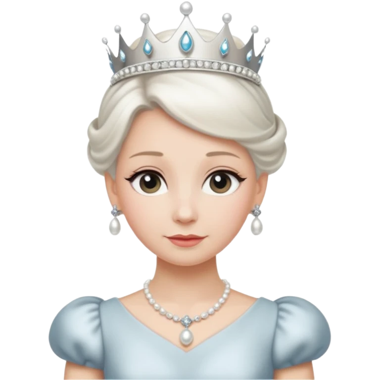 Queen with white bun hair – silver tiara, pearl necklace, elegant gown emoji