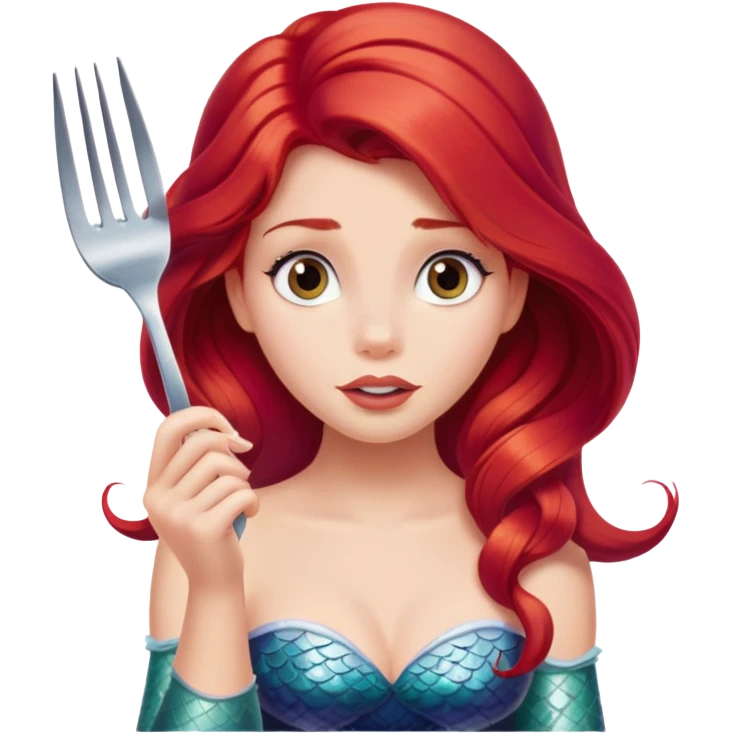 Disney Ariel mermaid with red hair holding a fork, curious expression emoji