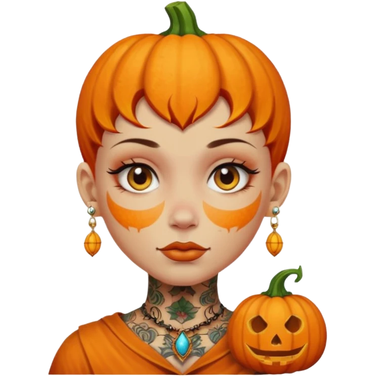 pumpkin head and face tattooed and extra big earing emoji